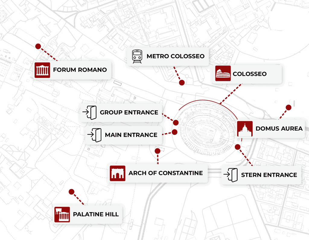 Mappa degli ingressi al Colosseo e dei punti di riferimento nelle vicinanze.