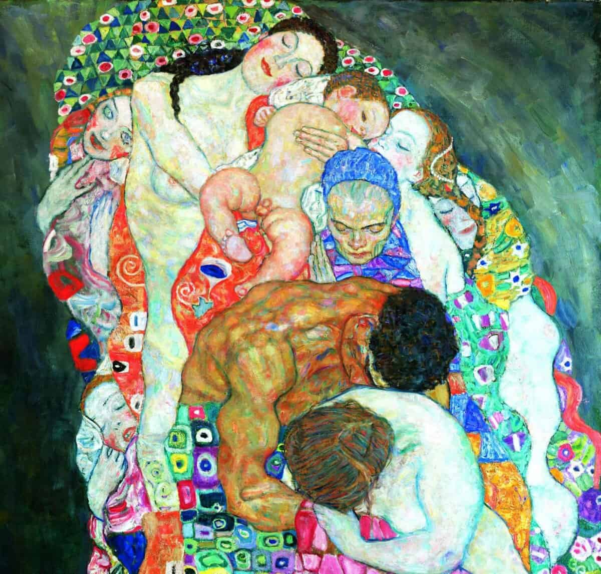 Vibrant painting of intertwined human figures.