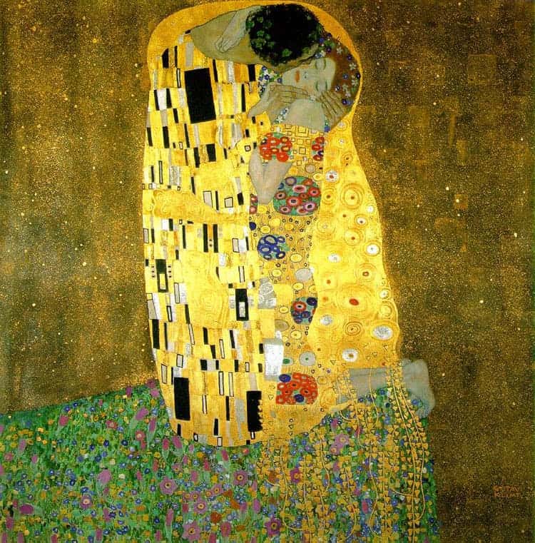 Couple embracing in golden-themed artwork